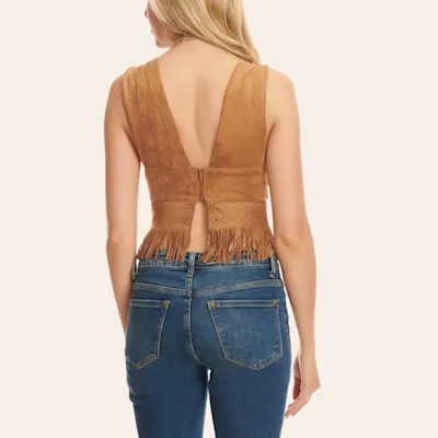 Blue B Women's Rich Caramel Double Deep V-Neck Sleeveless Fringed & Studded Faux Suede Top