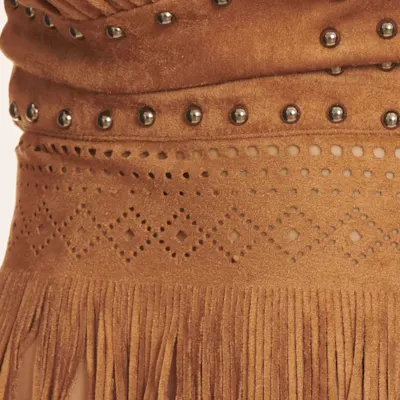 Blue B Women's Rich Caramel Double Deep V-Neck Sleeveless Fringed & Studded Faux Suede Top
