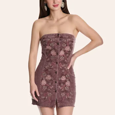 Blue B Women's Wine Embroidered Strapless Button-Down Denim Mini Dress