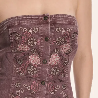 Blue B Women's Wine Embroidered Strapless Button-Down Denim Mini Dress