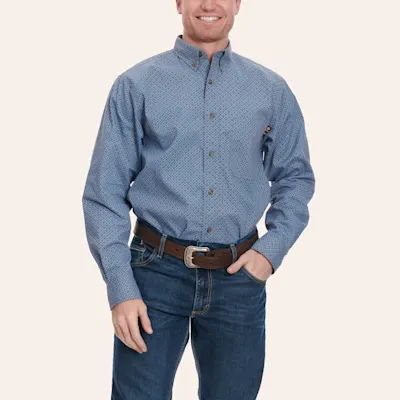 Forge Men's Gray Black & Cornflower Blue Geo Print Long Sleeve FR Work Shirt