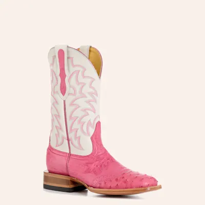 Cavender's Women's Pink Ostrich & White Wide Square Toe Cowboy Boots
