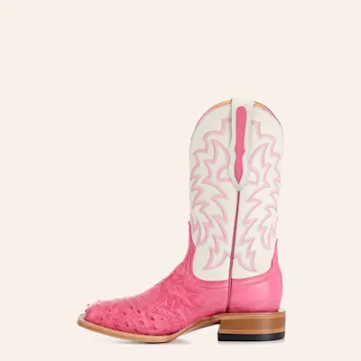 Cavender's Women's Pink Ostrich & White Wide Square Toe Cowboy Boots