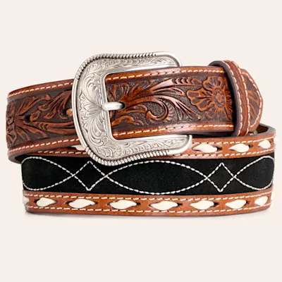 Rafter C Boys' Black & Brown Tooled Leather Buckstitch Silver Buckle Belt