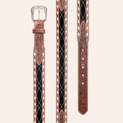 Rafter C Boys' Black & Brown Tooled Leather Buckstitch Silver Buckle Belt