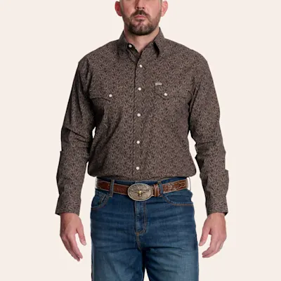 Rafter C Men's Brown Paisley Print Stretch Long Sleeve Pearl Snap Western Shirt