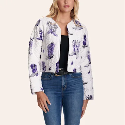 Ida Mae Home Women's White & Purple Thunderbird Boots Quilted Cropped Jacket