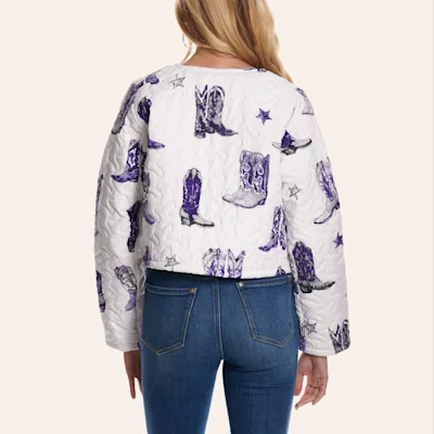 Ida Mae Home Women's White & Purple Thunderbird Boots Quilted Cropped Jacket