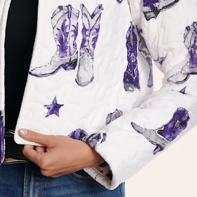 Ida Mae Home Women's White & Purple Thunderbird Boots Quilted Cropped Jacket