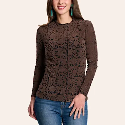 Marigold Kiss Women's Mahogany Floral Mesh Top
