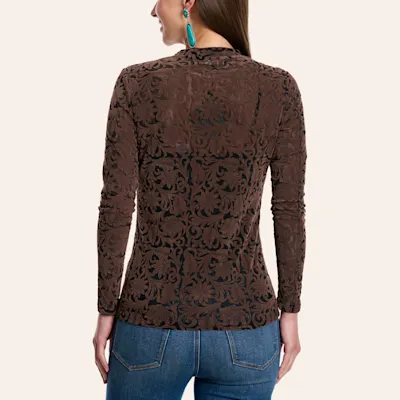 Marigold Kiss Women's Mahogany Floral Mesh Top