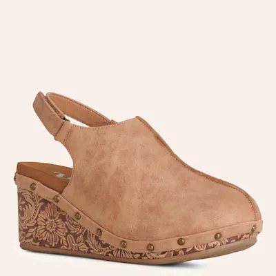 Very G Women's Miranda Brown Floral Embossed Leather Wedge Sandals