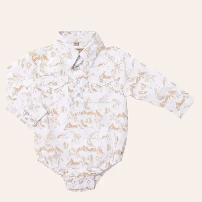 Rafter C Infant Boy's White & Khaki Conversation Print Western Onesie