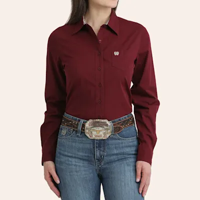 Cinch Women's Burgundy Stripe Print Long Sleeve Shirt
